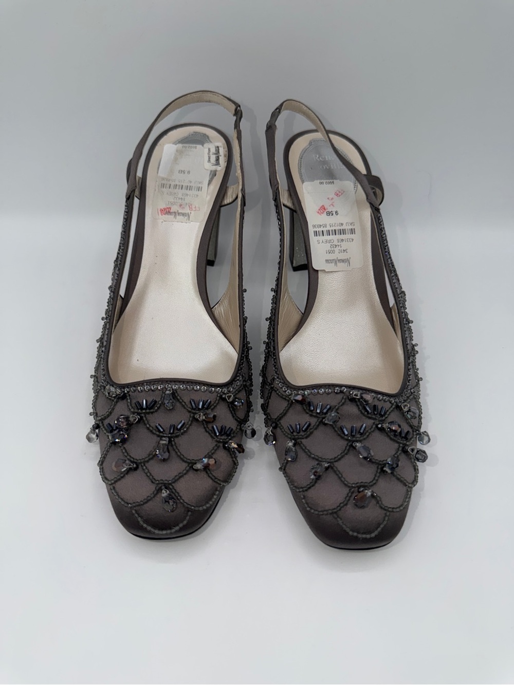 Rene Caovilla Slingback Pump Grey/Silver Glitter Beaded Satin Detail EU 39.5